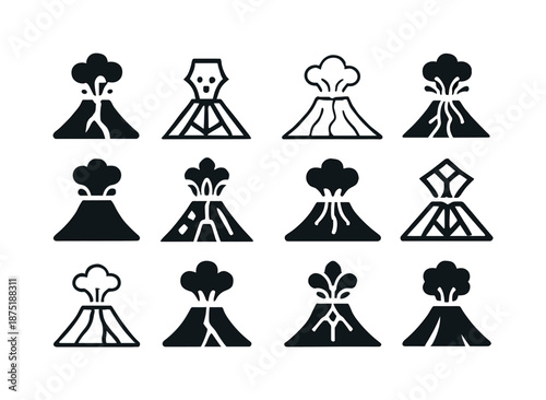 Volcanic Eruption Icons. Volcanic eruption. Icon set. Set Logo of Volcanic eruption: molten fissure. harmonious logo variations of the same emblematic concept,