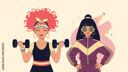 Two stylish women in retro 80s and 90s fashion, one working out with dumbbells and the other in a cool, hip tracksuit.
