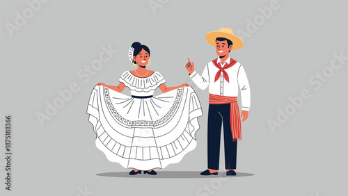 Happy Panamanian couple wearing traditional national costumes, the woman in a beautiful pollera and the man in a montuno.