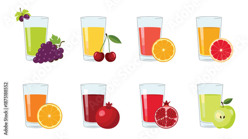 Set of fresh fruit juices in glasses, including orange, apple, grape, cherry, and pomegranate for a healthy beverage menu.