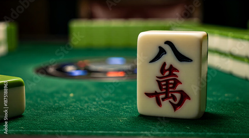 Red Dragon mahjong tile on felt table - business strategy and good fortune concept