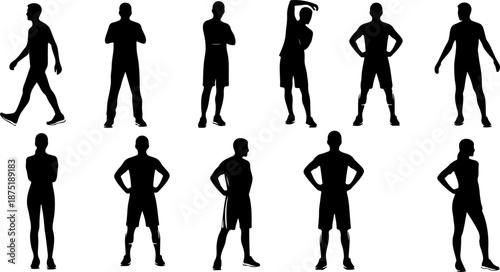 Collection of silhouettes of people in athletic wear in various poses Vector