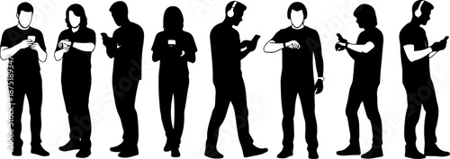Silhouette collection of diverse people using their smartphones Vector
