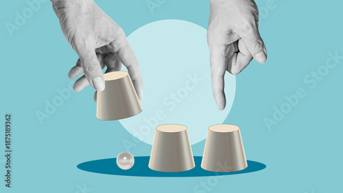 Photos Deception and Manipulation Concept - Hands Playing Shell Game with Hidden Ball,