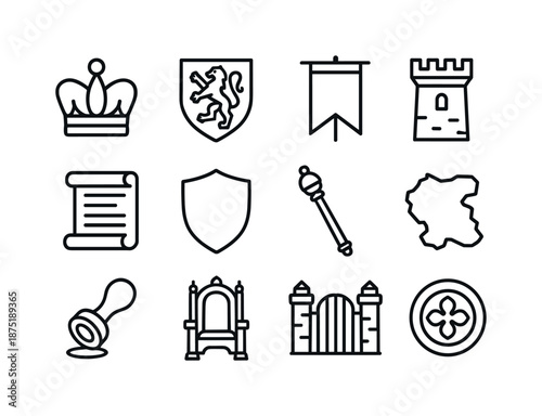 Landgrave Icon Set. Landgrave. Line icon set of landgrave: landgrave crown, noble crest, medieval banner, castle tower, royal decree scroll, heraldic shield,