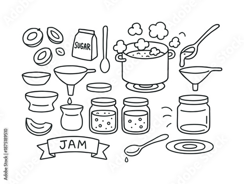 Plum Jam Crafting. Making jam. Hand-drawn doodle illustration Making jam plum halves, plum pit, sugar packet, stirring stick, boiling pot, puffing steam, jam