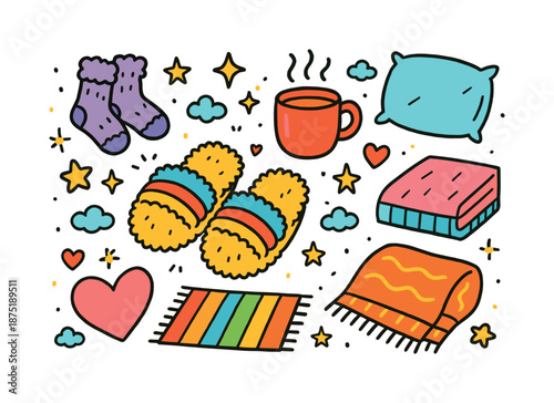 Cozy Slipper Doodles. Fuzzy Slippers. Colorful Hand-drawn doodle Children illustration fuzzy slippers, cozy socks, soft fabric, hearts, stars, pillows, warm