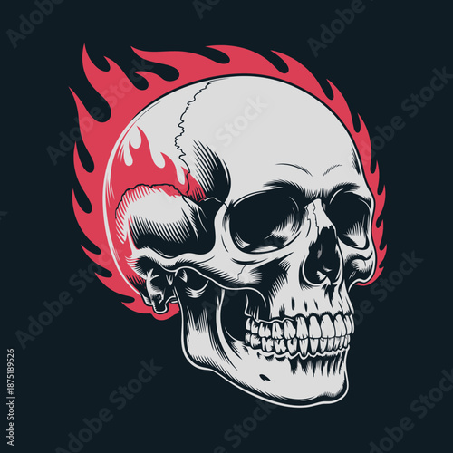 An artistic depiction of a skull with flames, symbolizing intensity and boldness, perfect for edgy designs or statements in tattoos, fashion, and merchandise.
