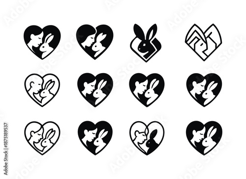 Rabbit Cuddle Logos. Cuddling with a pet rabbit. Icon set. Set Logo of Cuddling with a pet rabbit: heart-shaped bunny ears. harmonious logo variations of the