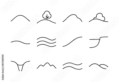 Black Landscape Icon Set. Landscape mounds. Line icon set of Landscape mounds: hill silhouette, mound with tree, mound with rock, mound with bush, curved