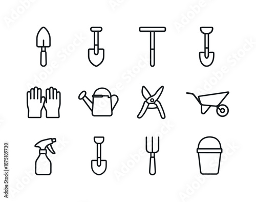Gardening Tools Icons. Gardening tools. Line icon set of Gardening tools: trowel, spade, rake, hoe, gloves, watering can, pruning shears, wheelbarrow, spray