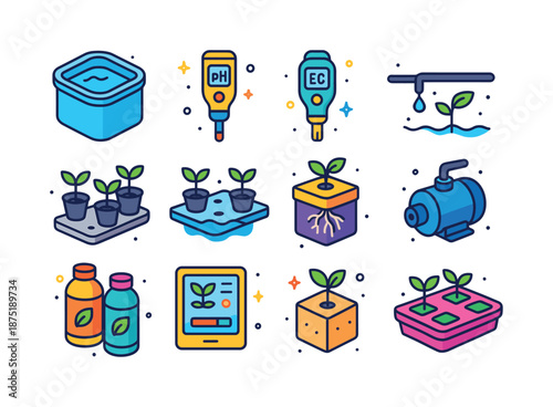 Colorful Hydroponics Icons. Hydroponics. Colorful isometric vector icons set of Hydroponics: nutrient reservoir, pH meter, EC meter, drip line, grow cups,