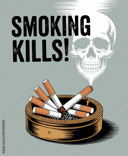 A striking and impactful illustration emphasizing the dangers of smoking through a visual of cigarettes in an ashtray and a skull, conveying a strong health warning.