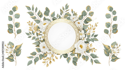Luxury botanical gold wedding frame elements collection. Set of circle, glitters, leaf branches, flower, eucalyptus. Elegant foliage design for wedding, card, invitation, greeting.