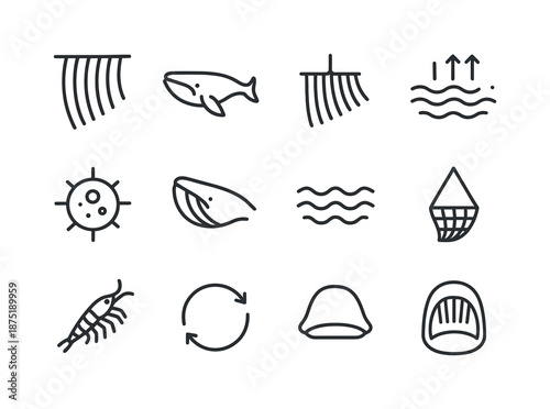 Filter Feeder Icons. Filter feeders. Line icon set of Filter feeders: baleen icon, whale silhouette, gill filter, water flow, plankton icon, open mouth filter,