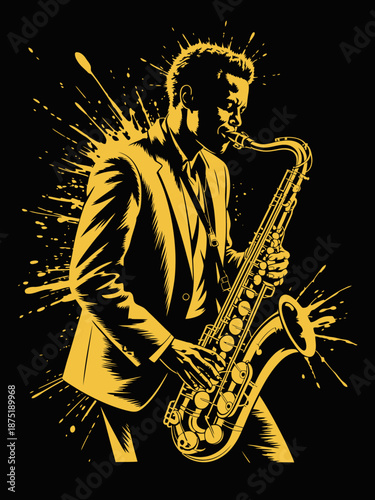 A striking illustration of a jazz musician passionately playing the saxophone, infused with vibrant colors and dynamic effects that capture the spirit of live music.