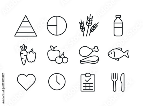 Balanced Diet Icons. Balanced diet. Line icon set of Balanced diet: food pyramid, plate sections, grains, vegetables, fruits, proteins, dairy, water bottle,