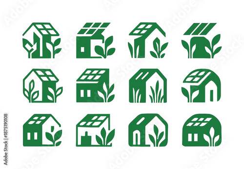 Solar Punk Icon Set. Solar punk architecture fans. Icon set. Set Logo of Solar punk architecture: rooftop garden. harmonious logo variations of the same