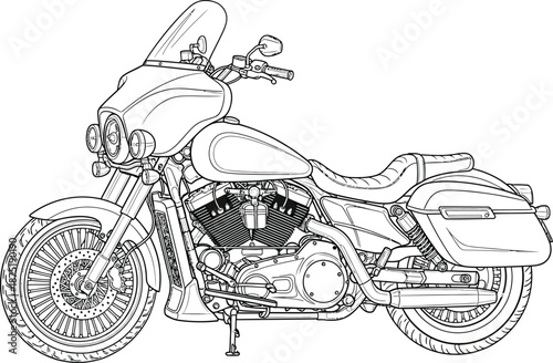Classic American cruiser motorcycle with fairing and saddlebags detailed line art illustration.