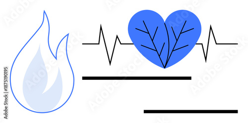 Blue flame, heart with veins, ECG wave represent life energy, passion, resilience. Ideal for healthcare, wellness, energy cardiology vitality sustainability fitness. Simple flat metaphor