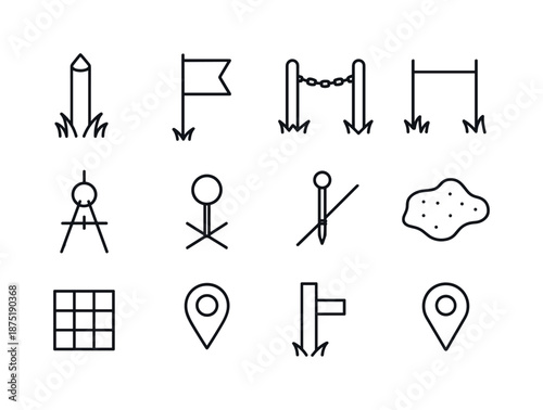 Boundary Survey Icons. Boundary stake. Line icon set of boundary stake: boundary post, marker flag, chain line, property line icon, compass, survey node, rope