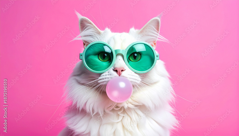 Obraz premium Fluffy white cat wearing oversized mint green goggles blowing pink bubblegum, playful and quirky expression, vibrant pop color background, close up portrait