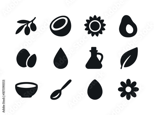 Plant-Based Oils Icons. Plant-based oils. Solid icon set of Plant-based oils: olive branch, coconut, sunflower, avocado, argan nut, drop, bottle, leaf, bowl,