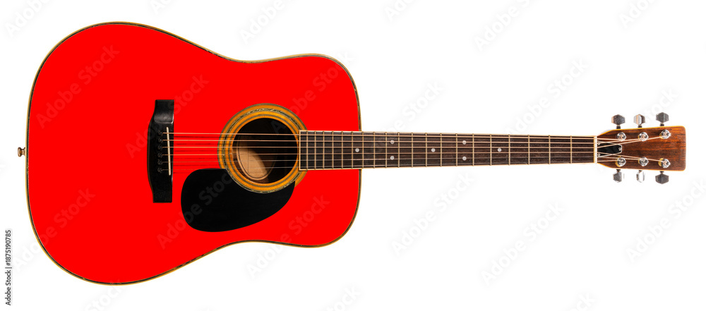 Obraz premium Acoustic guitar with a pink wooden body isolated on white background, Classic acoustic guitar on white background with work path PNG File.