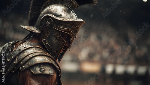 a roman gladiator stands in a dusty arena	