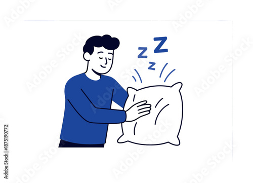 Fluffing a Pillow. Adjusting the pillow to a comfortable position. A character fluffs a soft pillow, gentle motion lines showing rising coziness. Floating
