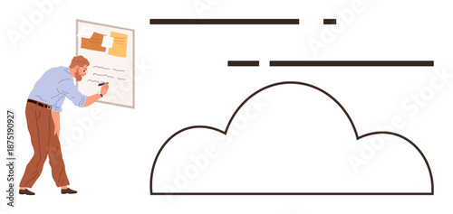 Cloud computing, strategy planning, collaboration, technology, innovation, project management. Man writing on board with notes and a cloud symbol. Strategy planning and cloud computing concept