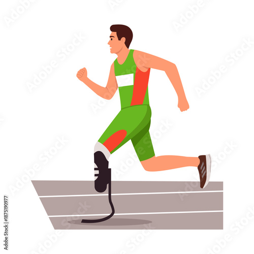 Vector illustration of an athlete with an artificial leg running. Cartoon scene of a strong athlete with disabilities running on a field, stadium with a prosthetic leg isolated on a white background.
