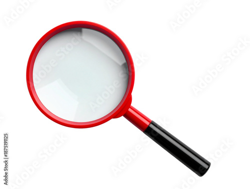 Top-Down View of Red Magnifying Glass with Black Handle, Minimal Flat Lay, Isolated