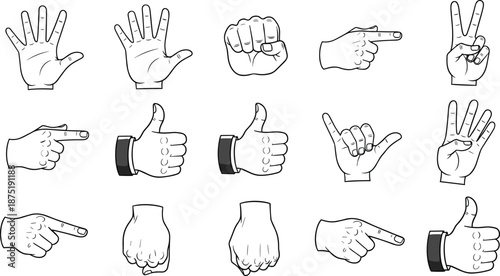 Hand gestures outline illustration set showing pointing thumbs up fist open palm signs communication symbols black vector icons