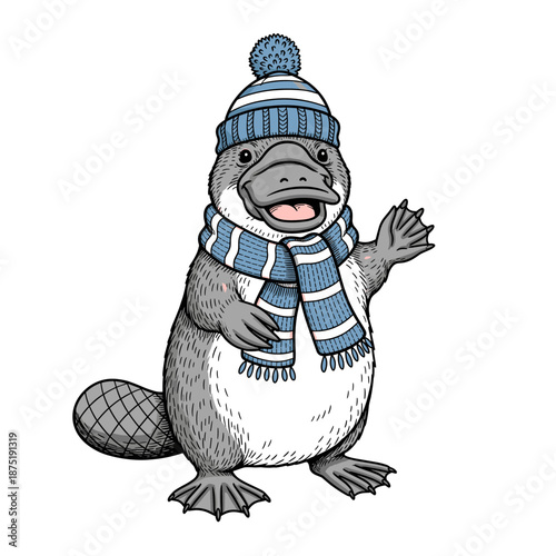 Happy platypus wearing a blue striped winter hat and scarf waving on white background. Isolated transparent background ( include cut-out PNG file )