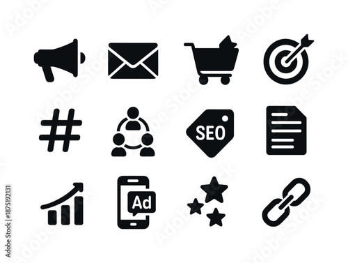 Marketing Tools Icons. Marketing tools. Solid icon set of Marketing tools: megaphone, email, shopping cart, target with arrow, hashtag, social media icons, SEO