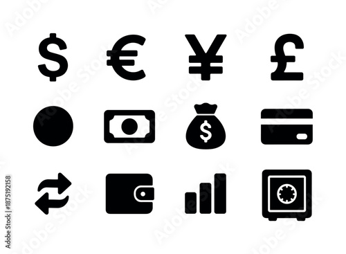 Currency Icon Set. Currency icons. Solid icon set of currency icons: dollar symbol, euro symbol, yen symbol, pound symbol, coin, banknote, money bag, card,