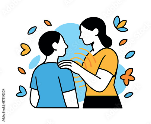 Healing Touch. Warm Healing Touch. A hand gently touches a shoulder, with soft waves of light spreading from the contact point. Abstract flower petals float