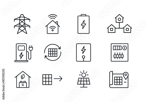 Clean Energy Icon Set. Clean Energy Infrastructure. Line icon set of Clean Energy Infrastructure: transmission tower, smart grid, energy storage battery,