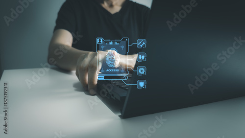 Fingerprint scanner to access information, verify to authentication, touching screen to login security, Internet of things, cloud computing, Internet connection, shopping online and cashless society