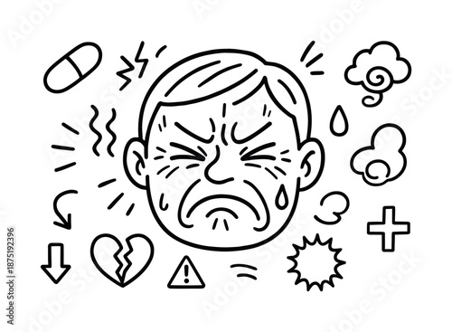 Painful Expression Doodle. Painful expression. Hand-drawn doodle illustration Painful expression scrunched face, tight cheek lines, closed eye arc, tension