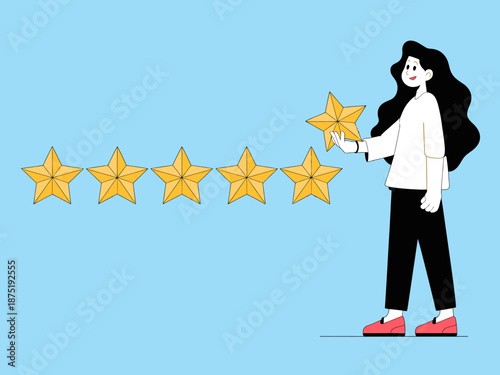 A cheerful character is placing a golden star onto a row of stars, representing customer satisfaction and positive reviews in a playful and engaging manner.