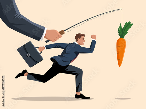 This engaging image illustrates a businessman chasing a carrot on a stick, symbolizing motivation and goals, perfect for business concepts or motivational themes.