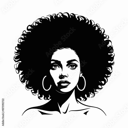 A striking black and white illustration of a woman with a big natural afro, showcasing beauty and confidence with bold lines and artistic finesse in a minimalist style.