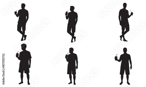 Six distinct black silhouettes of men holding cups with straws, depicting casual summer outfits and relaxed postures against a plain white backdrop.