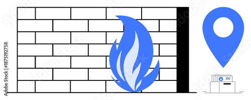 Firewall concept. Firewall by a brick wall and blue flame, with a map pin for network protection. Firewalls strengthen security and guard sensitive systems. Use in information security, network