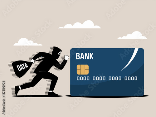 This image illustrates a data thief making off with sensitive information from a bank, highlighting the risks of cybersecurity and the importance of data protection.
