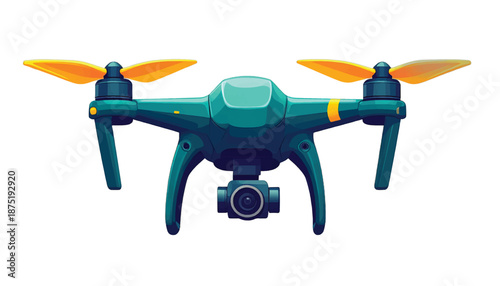 Illustration of a modern teal drone with yellow propellers.