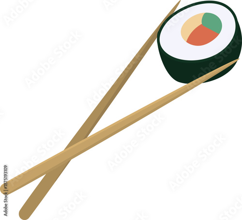 Minimalist flat vector graphic of a maki sushi roll held by wooden chopsticks, ideal for restaurant menus, digital icons, and food-themed clip art.