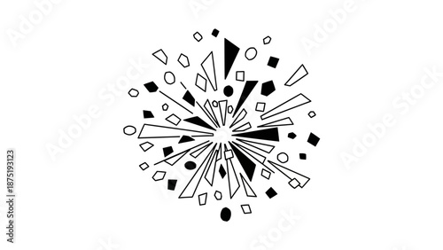 Black and white geometric shapes explosion.